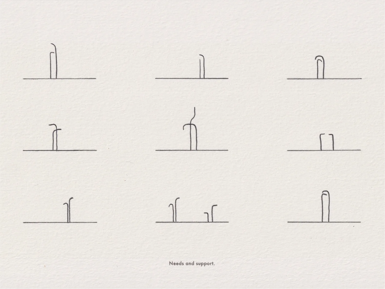 Grid of nine small ink line drawings on paper, each a simple upright mark, captioned 'Needs and support.'
