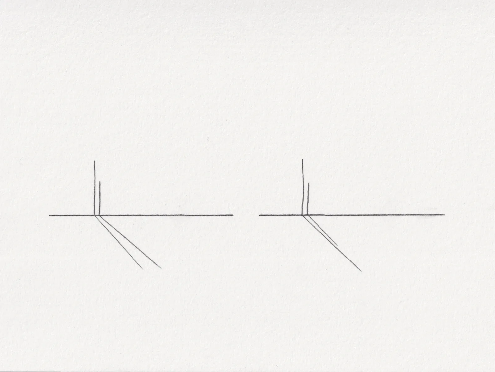 Two ink line drawings on paper, each a pair of thin vertical marks beside a diagonal line.