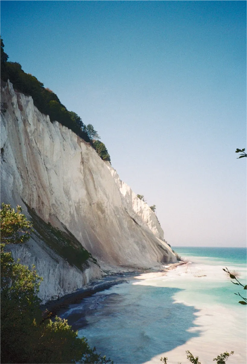 The white chalk cliffs of Møns Klint rising above a turquoise sea, seen from above.