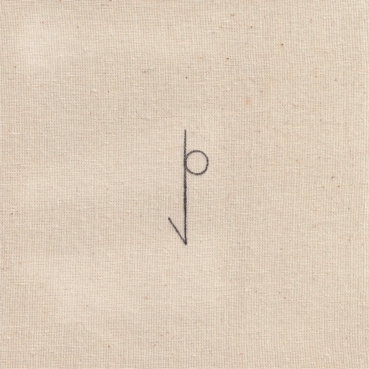Ink line drawing on canvas: a vertical line crossed by a small circle, ending in a downward arrow.