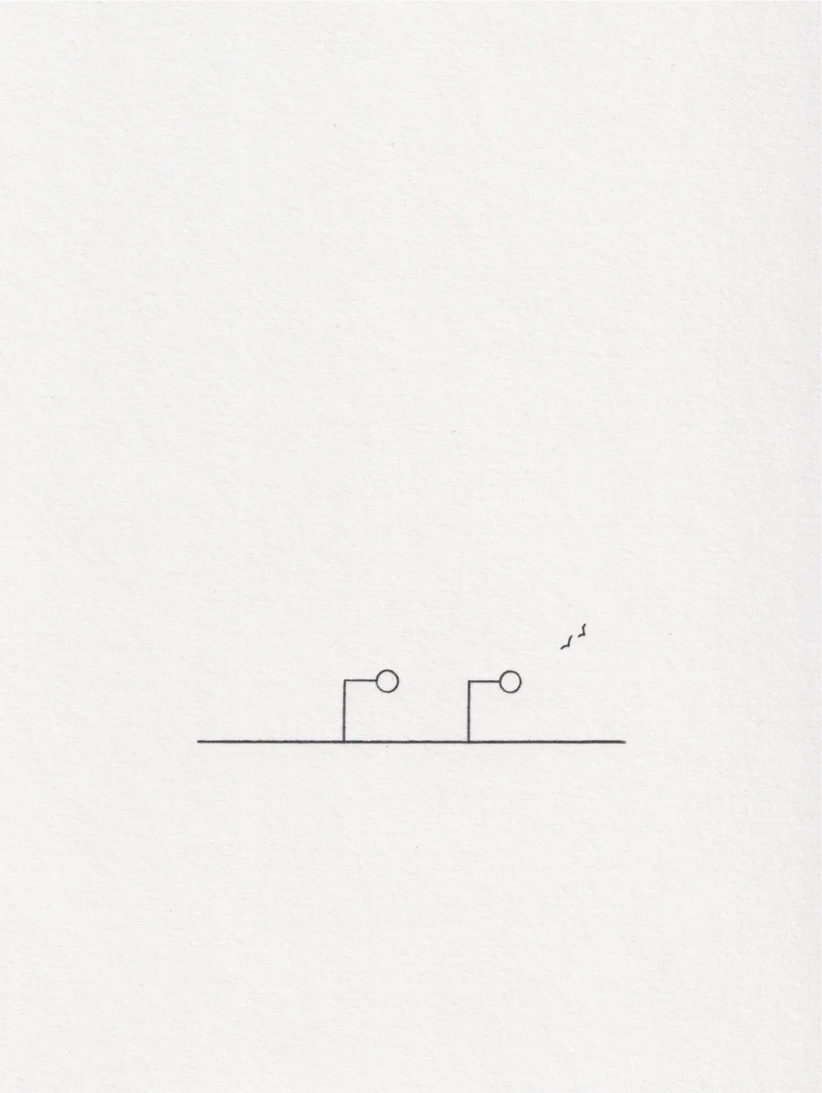 Ink line drawing on paper: two short posts topped with circles beside a small bird in flight.