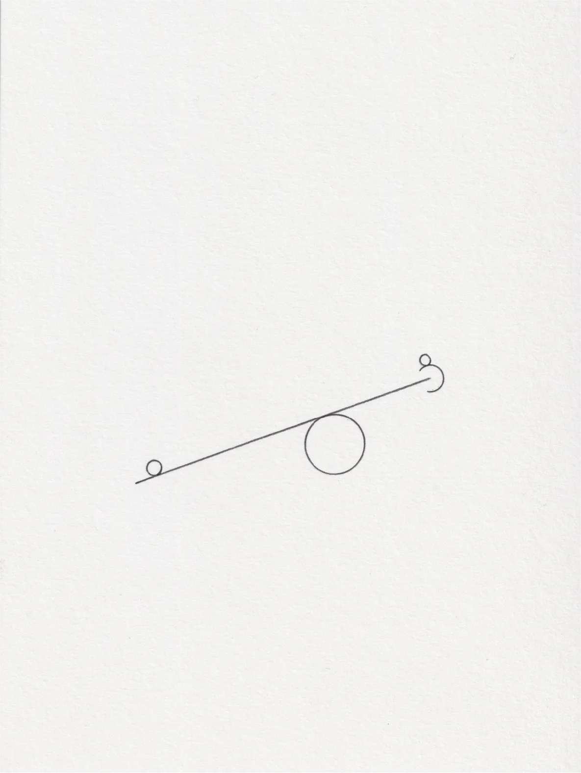 Ink line drawing on paper: a small circle and a larger circle balanced along a diagonal line, like a seesaw.