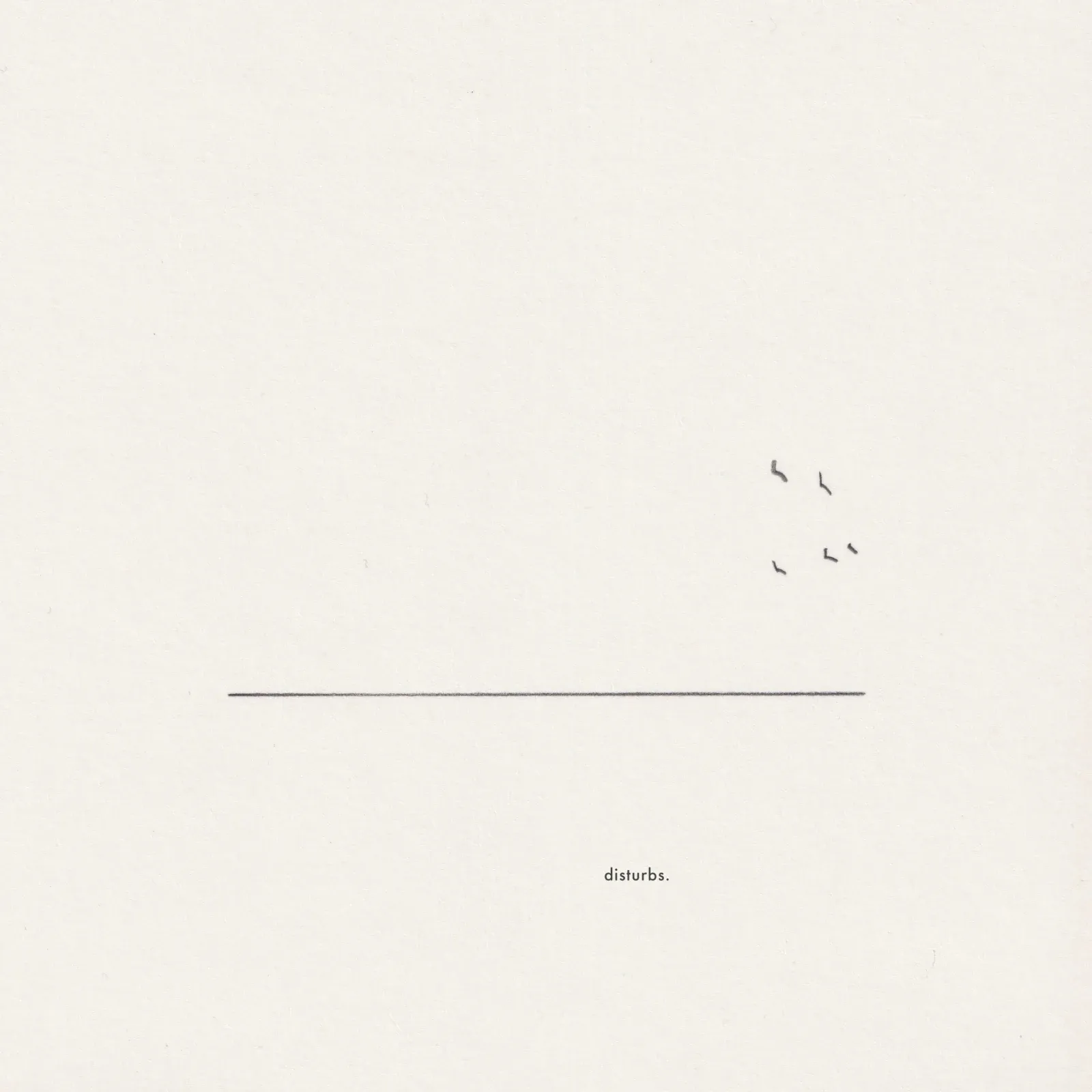Pencil line drawing on paper: a small cluster of birds in flight, captioned 'disturbs.'