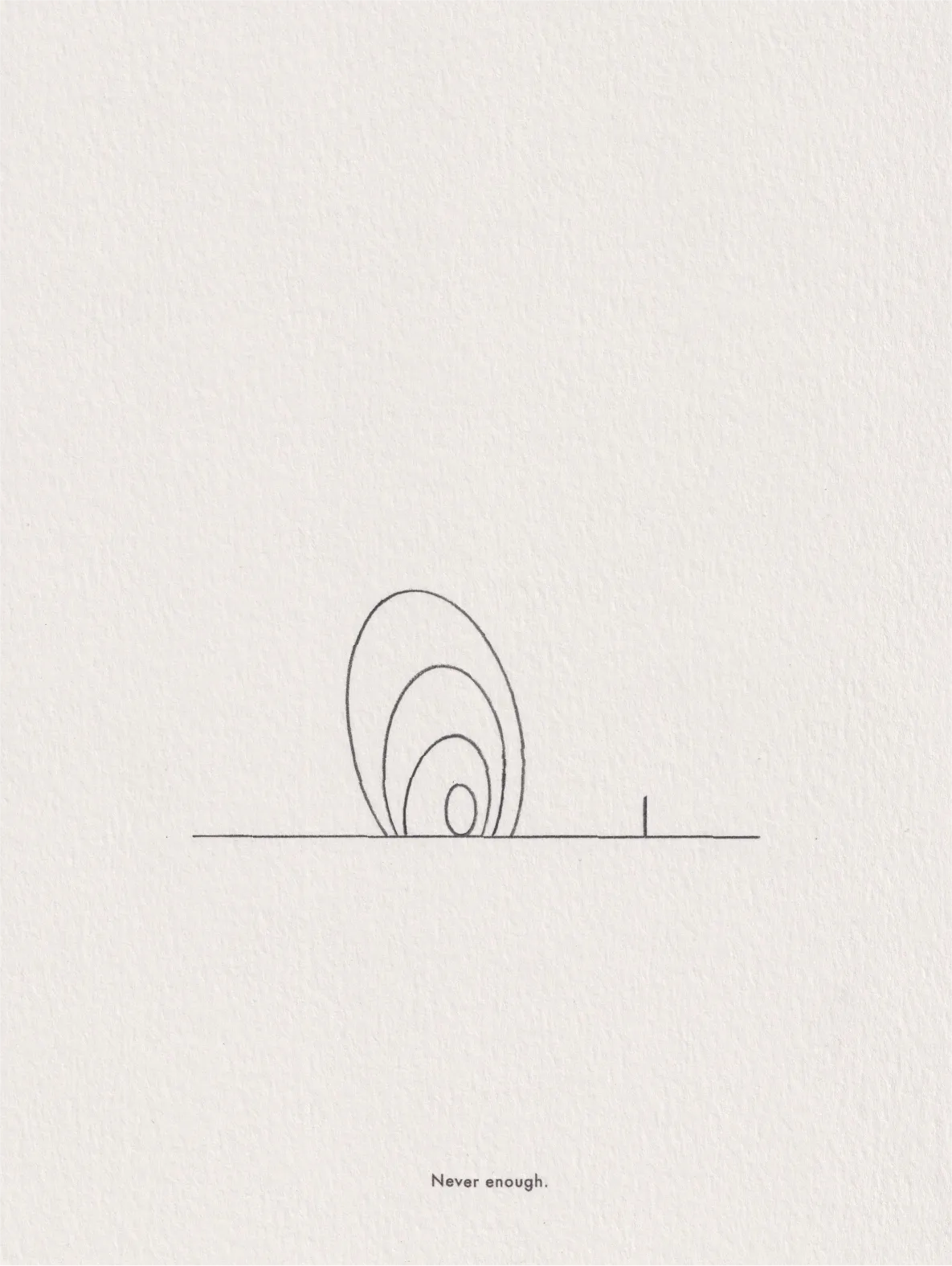 Ink line drawing on canvas: a small circle atop a diagonal line rising from a horizontal base.